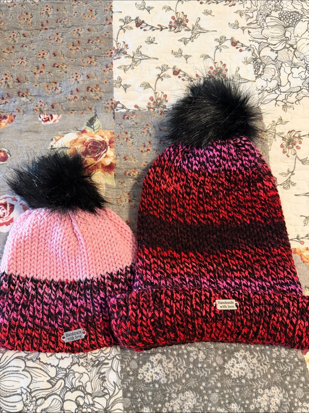 Handmade Kids Pom Beanie - Pink & Red
